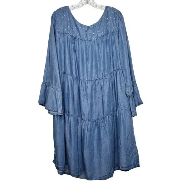 Elliott & Vine Blue Tiered Chambray Tencel Pearl Bell Sleeves Dress Size 3X - Picture 2 of 9
